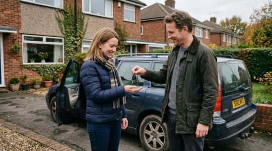 Échange de clés de voiture entre deux adultes près d'un véhicule résidentiel