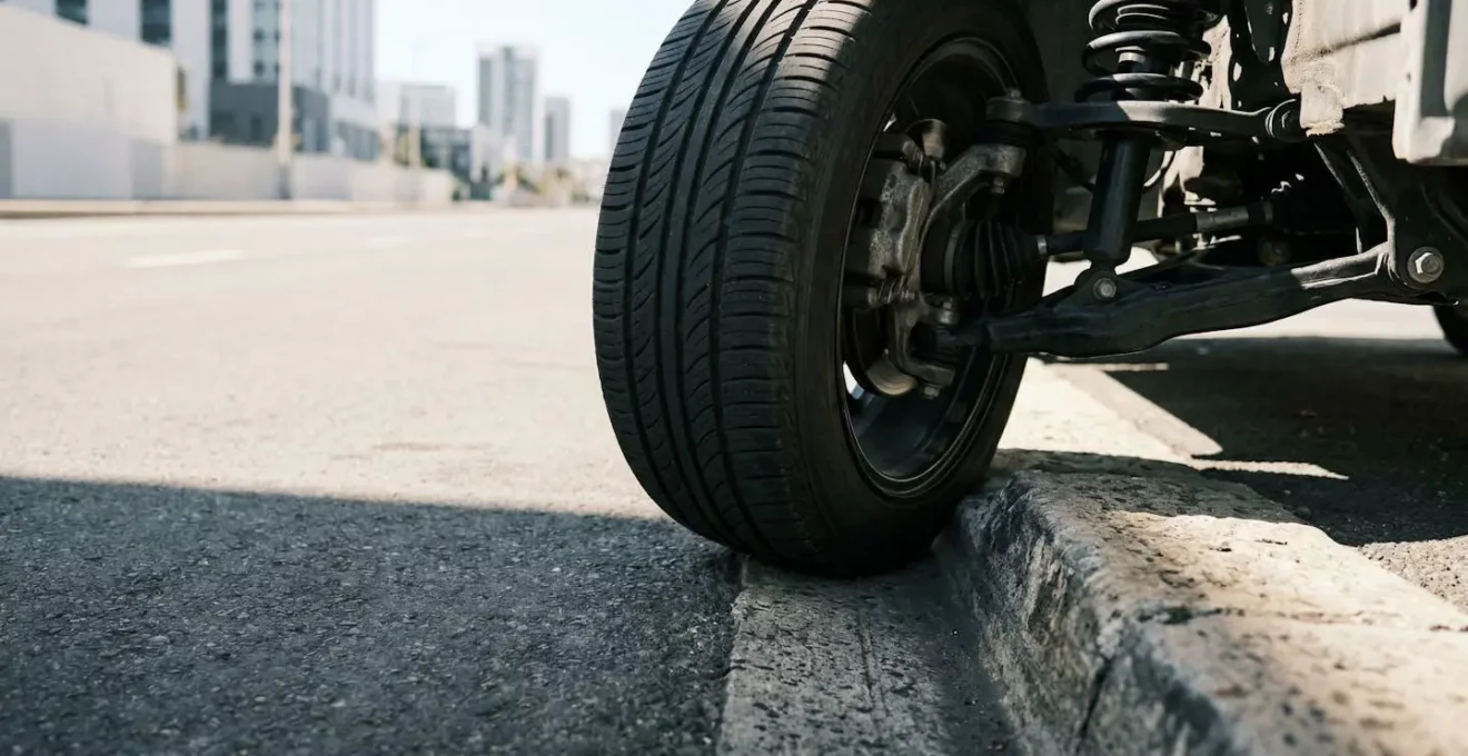 Gros plan sur une roue de voiture montrant l'angle de contact avec un trottoir sous différentes perspectives