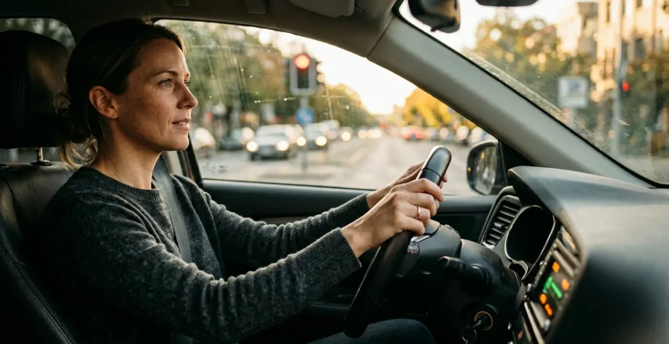 Conducteur anticipant un feu rouge au volant avec vue sur la route