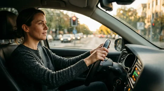 Conducteur anticipant un feu rouge au volant avec vue sur la route