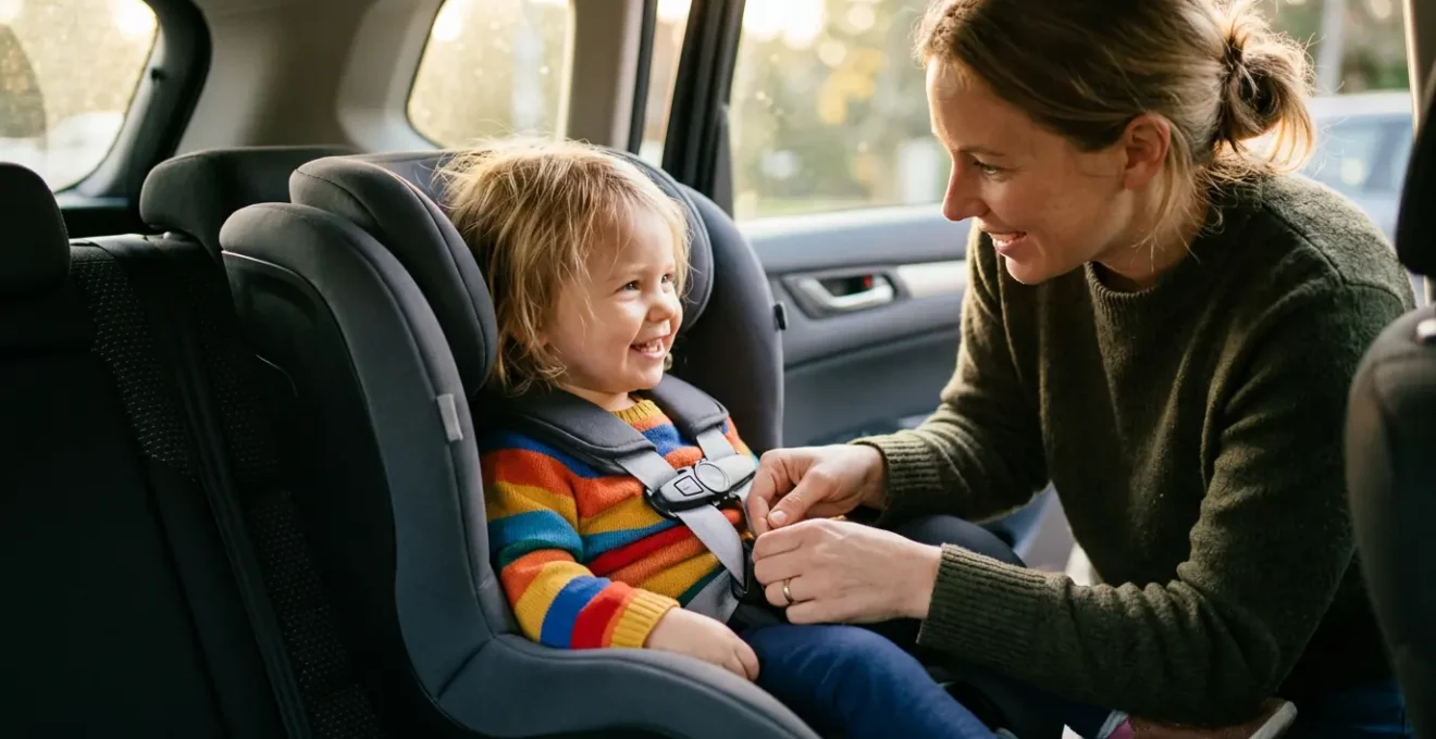 Un enfant installé en toute sécurité dans un siège auto moderne à l'arrière d'une voiture familiale