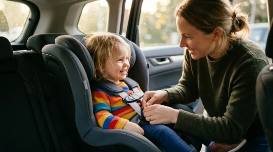 Un enfant installé en toute sécurité dans un siège auto moderne à l'arrière d'une voiture familiale