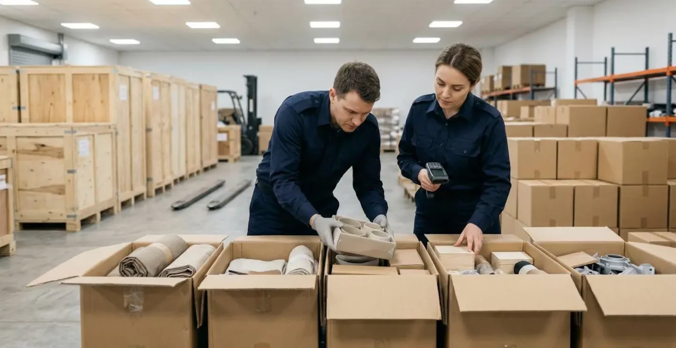 Zone d'inspection douanière moderne avec marchandises préparées pour contrôle dans un entrepôt logistique