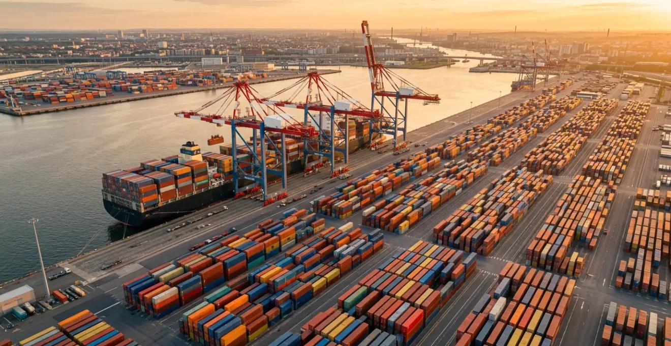 Environnement portuaire moderne avec conteneurs et navire cargo illustrant les flux d'import-export et les procédures douanières