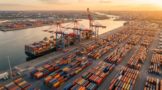 Environnement portuaire moderne avec conteneurs et navire cargo illustrant les flux d'import-export et les procédures douanières