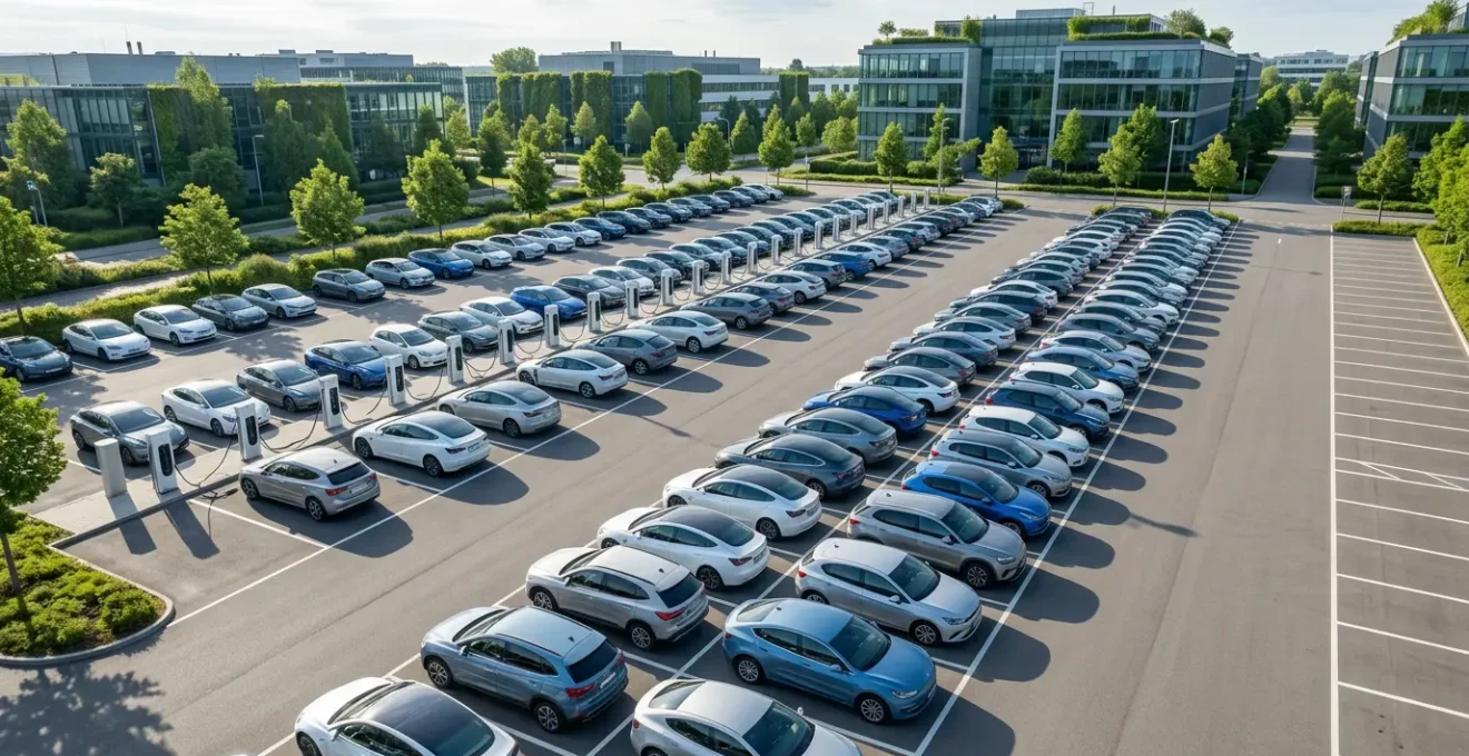 Vue aérienne d'un parking d'entreprise avec véhicules électriques en recharge et tableaux de bord de gestion de flotte