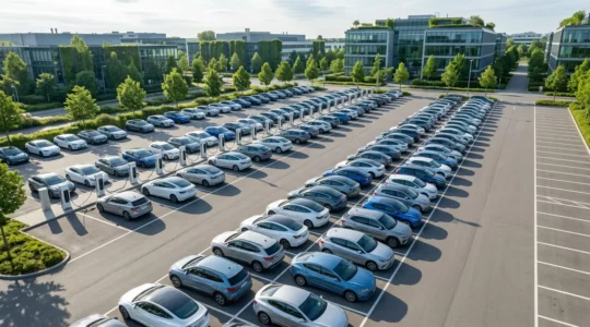 Vue aérienne d'un parking d'entreprise avec véhicules électriques en recharge et tableaux de bord de gestion de flotte