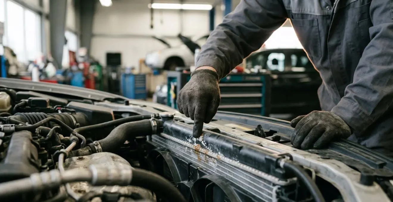 Détail d'un radiateur automobile avec traces blanches de calcaire et signes de micro-fuites