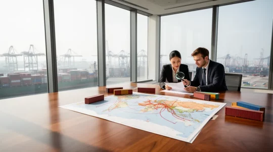 Négociation commerciale internationale avec documents et carte mondiale