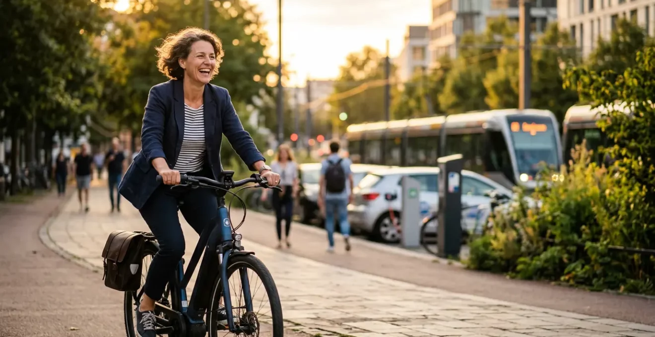 Personne souriante sur un vélo électrique dans une ville verdoyante avec des transports diversifiés en arrière-plan