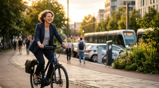 Personne souriante sur un vélo électrique dans une ville verdoyante avec des transports diversifiés en arrière-plan