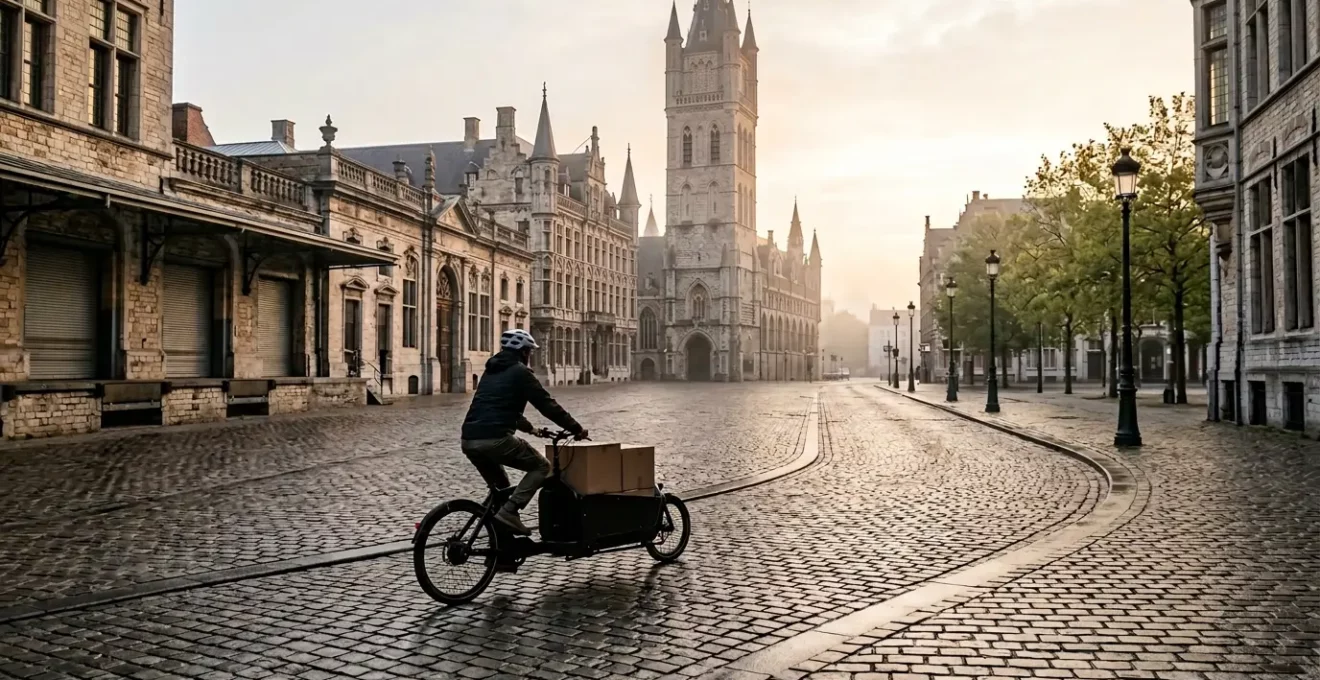 Livreur professionnel naviguant son vélo cargo électrique dans une zone piétonne urbaine, respectant les créneaux horaires stricts