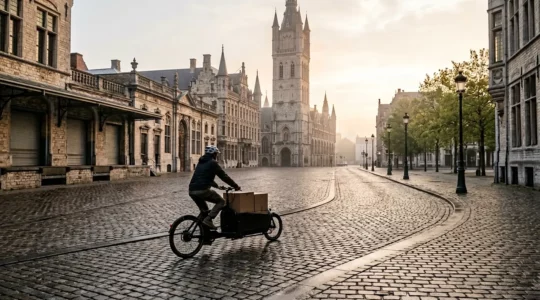 Livreur professionnel naviguant son vélo cargo électrique dans une zone piétonne urbaine, respectant les créneaux horaires stricts