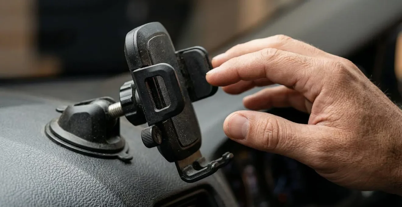 Vue macro d'une main proche d'un support de GPS fixé au tableau de bord