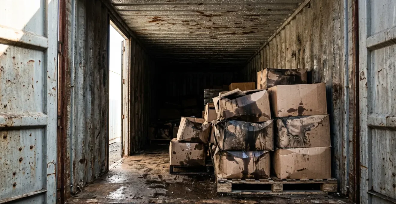 Vue d'une marchandise endommagée dans un conteneur maritime avec des signes visibles de moisissure et de rouille sur des colis