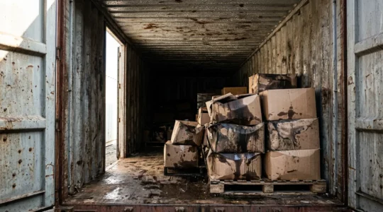 Vue d'une marchandise endommagée dans un conteneur maritime avec des signes visibles de moisissure et de rouille sur des colis