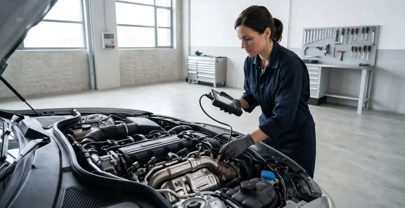 Vue d'un compartiment moteur avec mécanicien effectuant un diagnostic