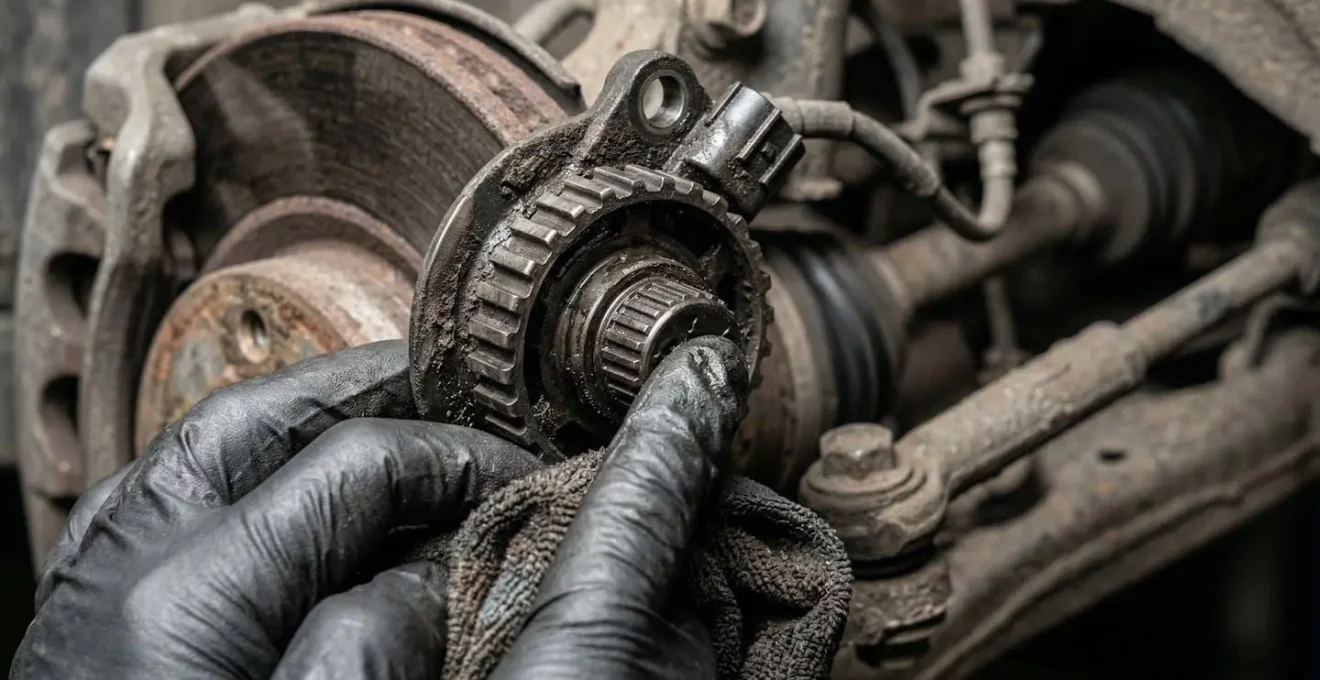 Mécanicien nettoyant un capteur ABS sur une roue de voiture en atelier