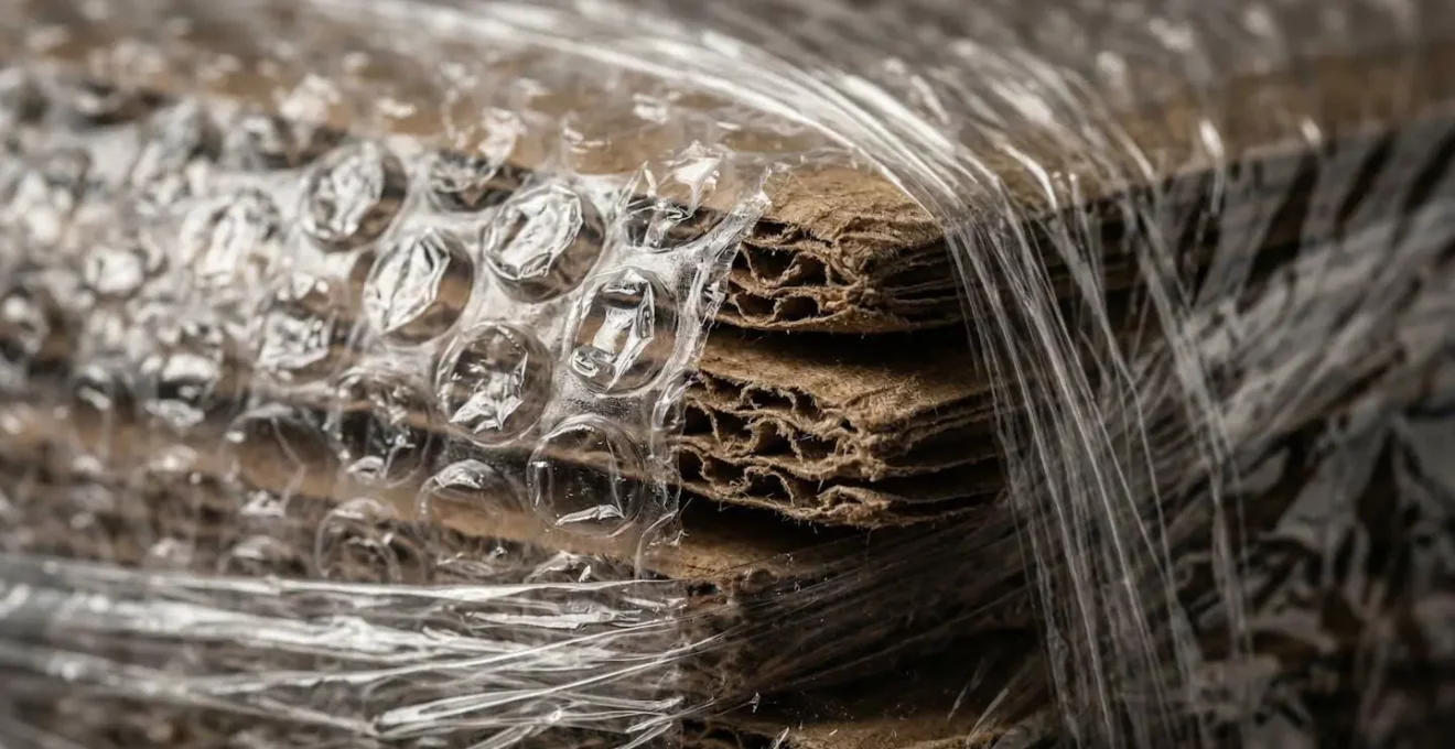 Vue macro d'un emballage professionnel avec calage et film de protection