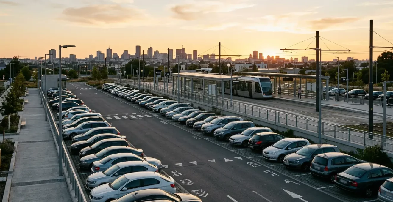 Parking relais en périphérie de ville avec voitures stationnées et station de tramway visible en arrière-plan