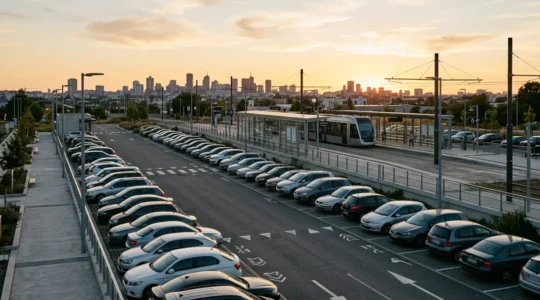 Parking relais en périphérie de ville avec voitures stationnées et station de tramway visible en arrière-plan