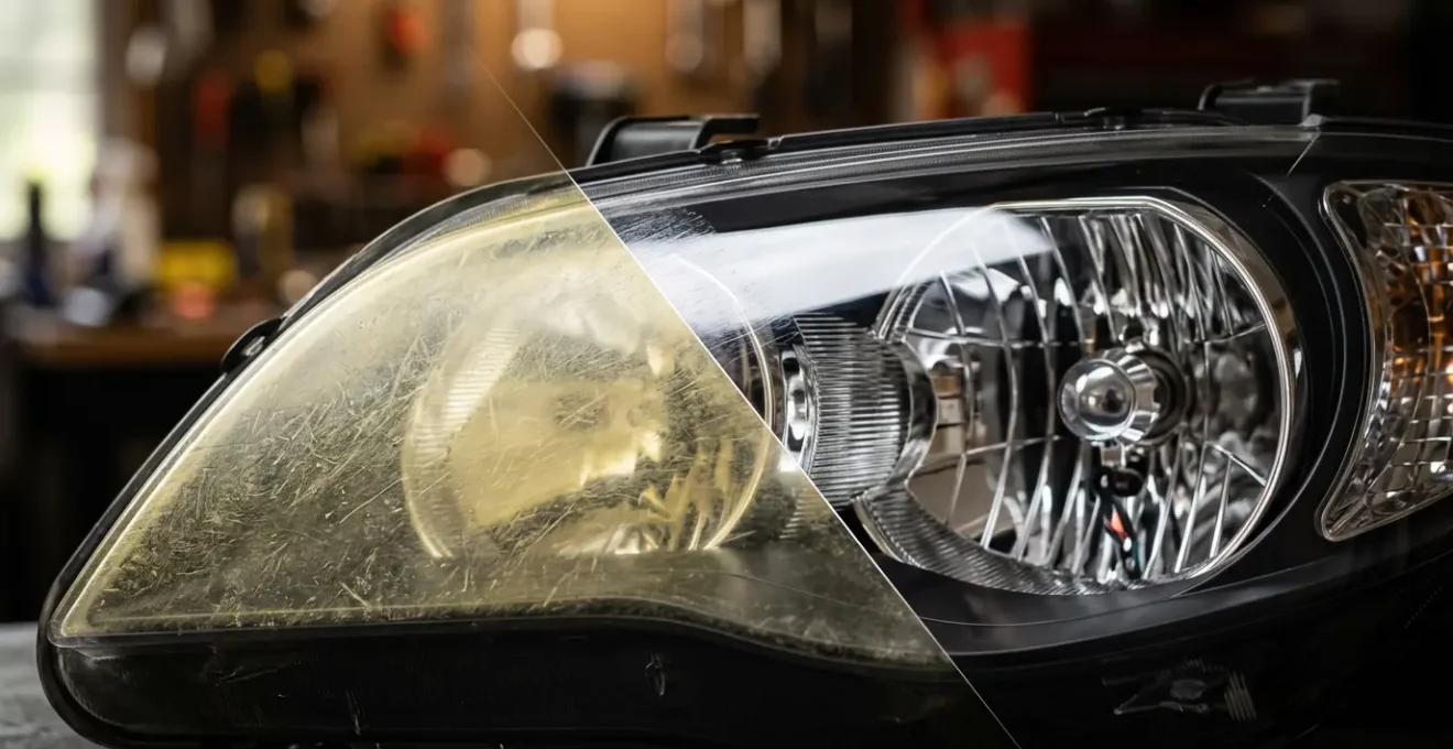 Phare de voiture en cours de rénovation montrant la différence avant et après le polissage