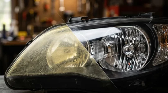 Phare de voiture en cours de rénovation montrant la différence avant et après le polissage