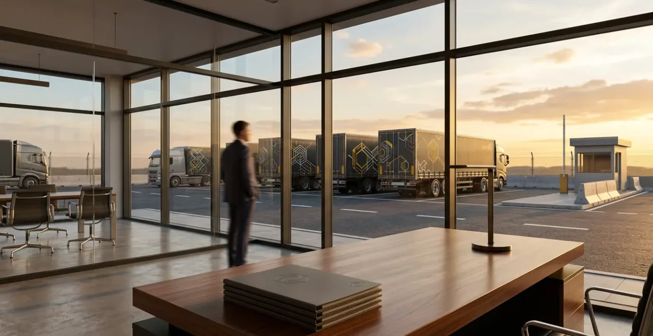 Bureau moderne d'une PME de transport avec vue sur des camions sécurisés et des documents de certification sur le bureau
