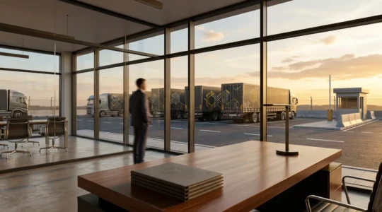 Bureau moderne d'une PME de transport avec vue sur des camions sécurisés et des documents de certification sur le bureau