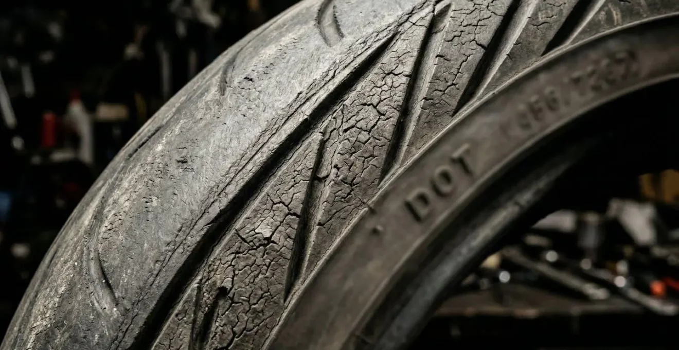 Gros plan sur le flanc d'un pneu montrant les fissures de vieillissement et le code DOT