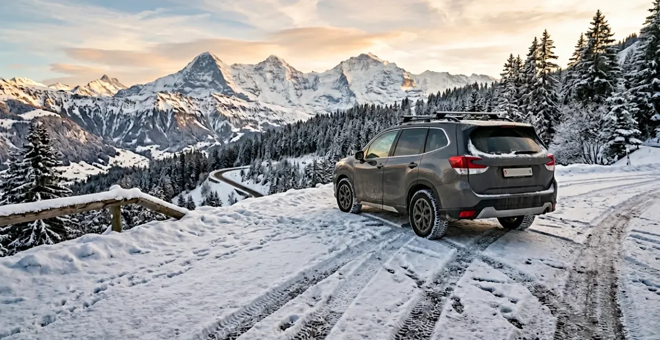 Véhicule équipé de pneus hiver avec flocons de neige et panneaux de signalisation montagne