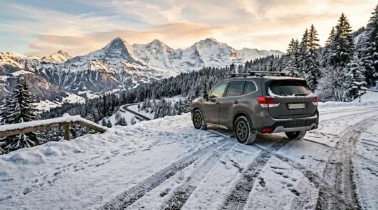 Véhicule équipé de pneus hiver avec flocons de neige et panneaux de signalisation montagne