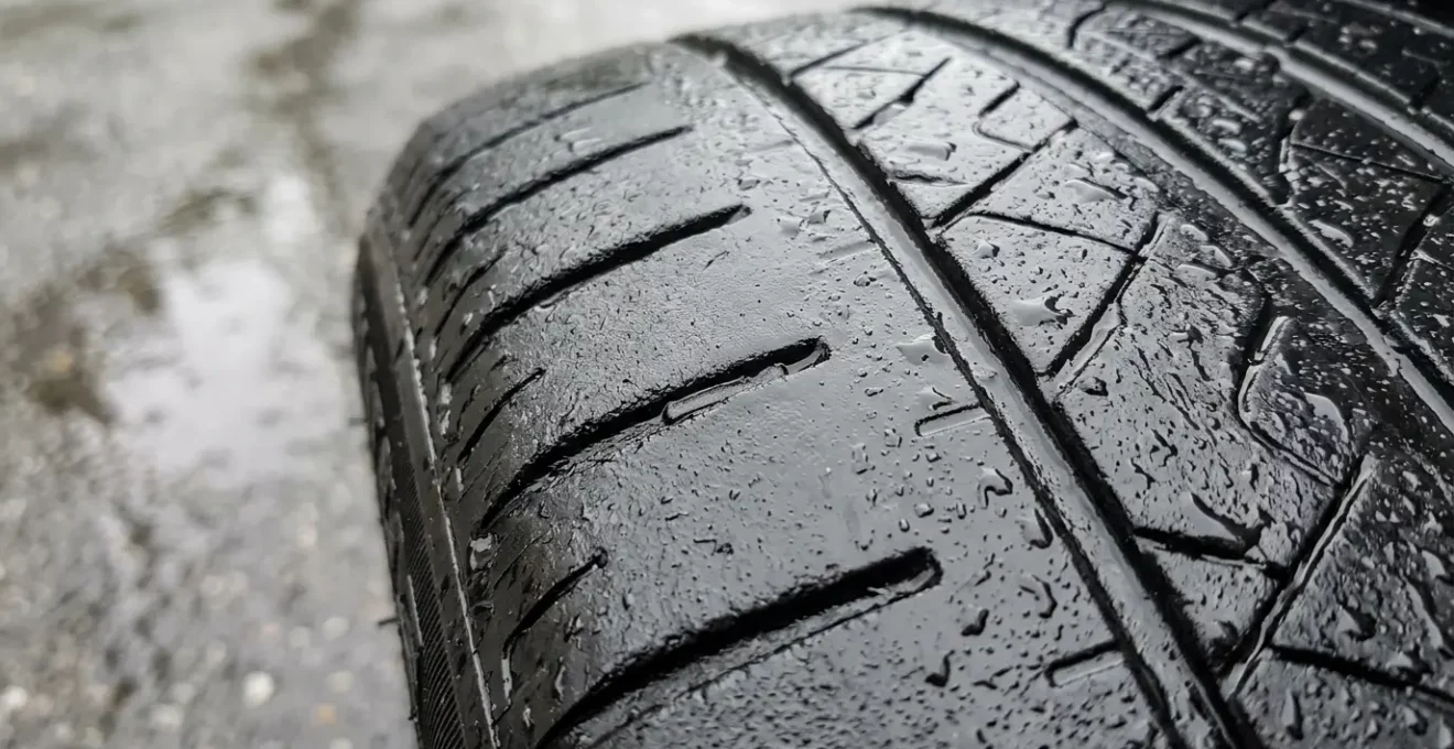 Gros plan sur un pneu automobile usé avec témoins d'usure visibles sur route mouillée