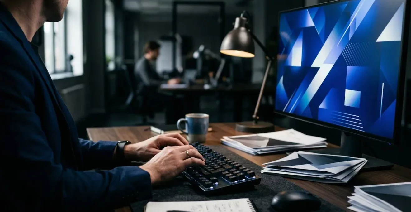 Bureau moderne avec ordinateur montrant l'interface du portail IMI