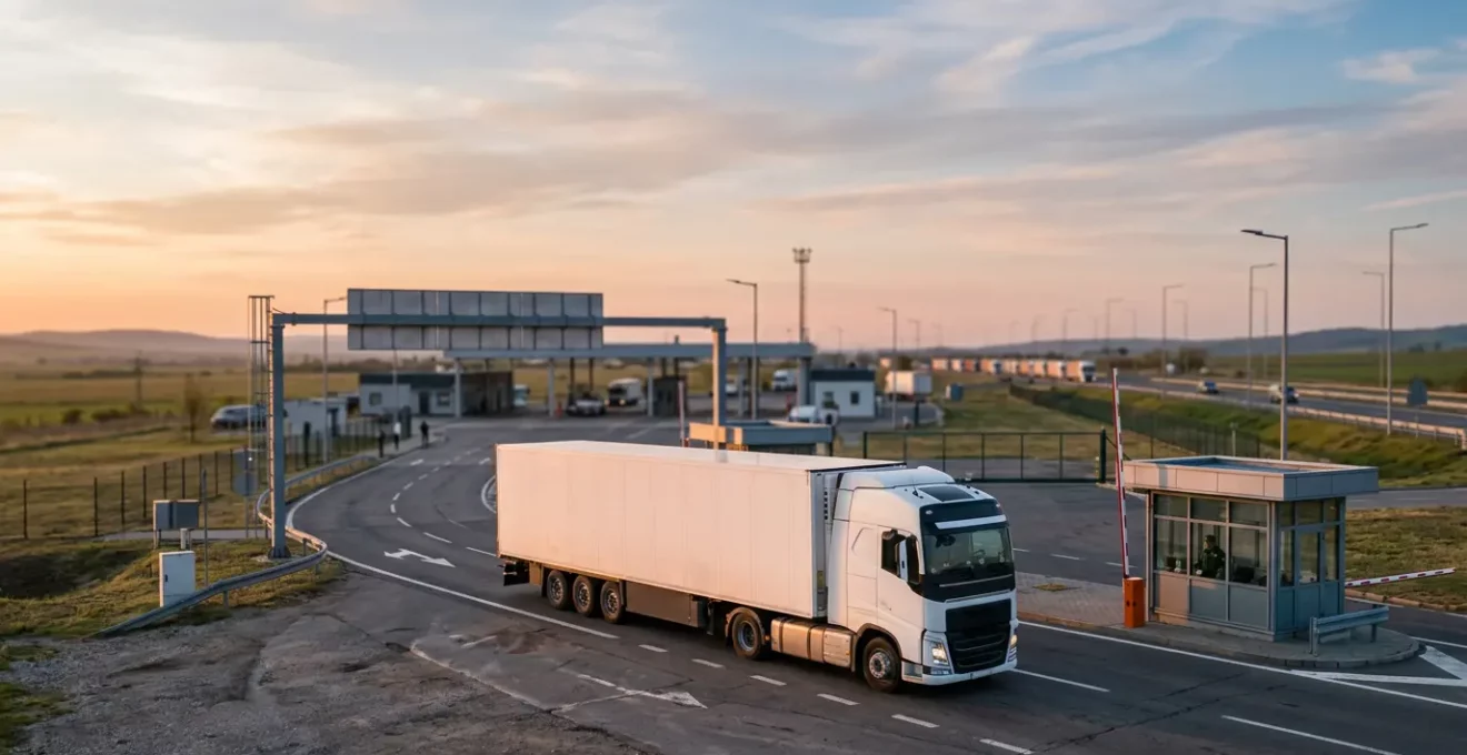 Camion poids lourd moderne traversant un poste frontière européen sous une lumière dorée du matin