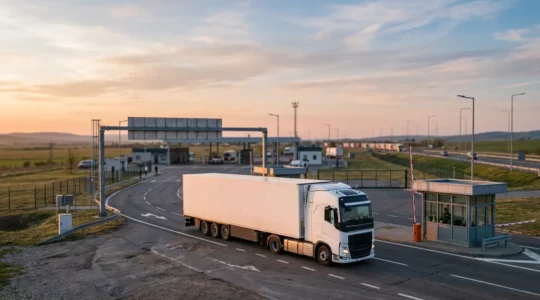 Camion poids lourd moderne traversant un poste frontière européen sous une lumière dorée du matin