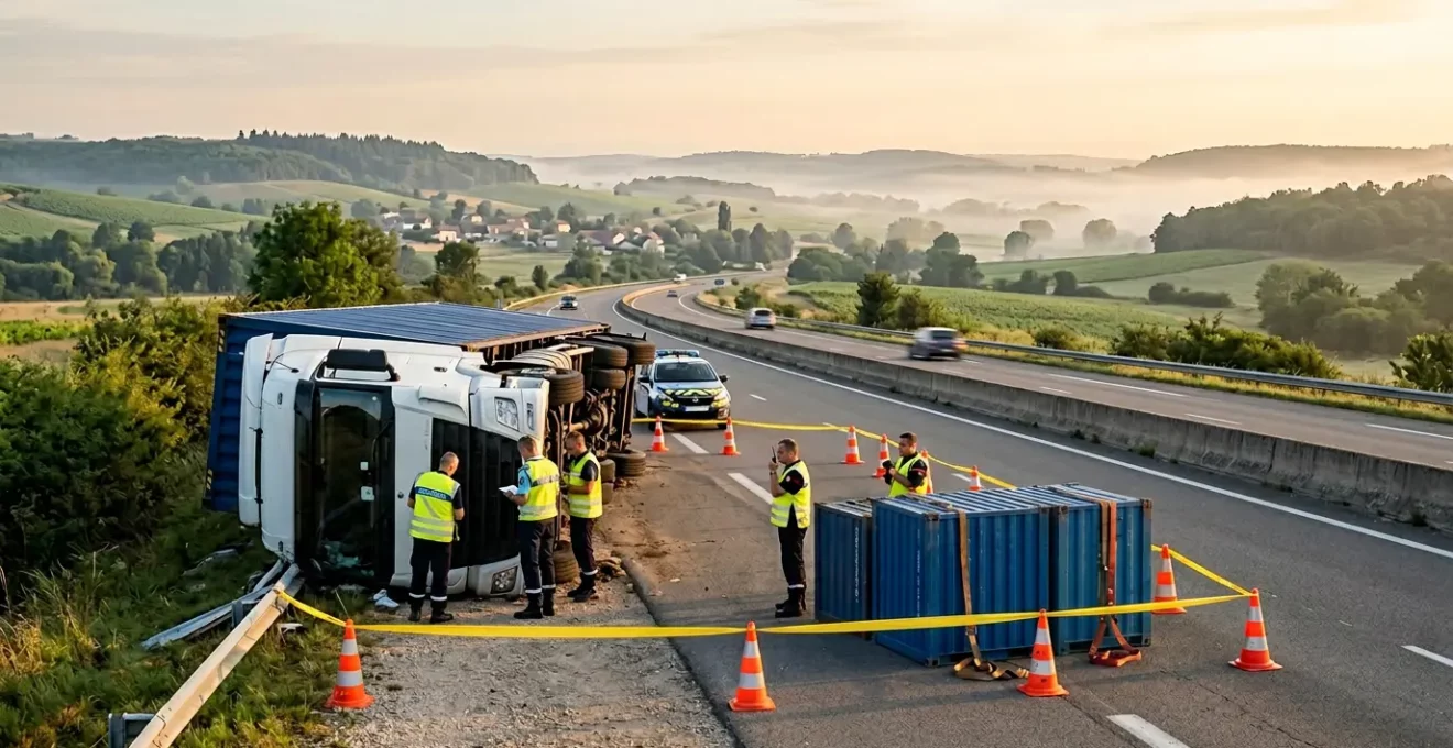 Scène d'accident de transport routier avec intervention d'urgence et sécurisation de la marchandise