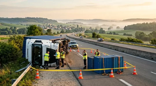Scène d'accident de transport routier avec intervention d'urgence et sécurisation de la marchandise