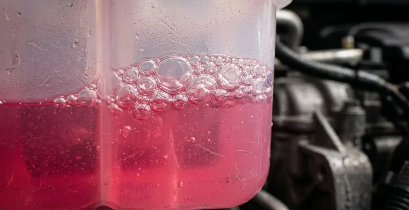 Vue rapprochée d'un vase d'expansion avec bulles d'air visibles dans le liquide de refroidissement