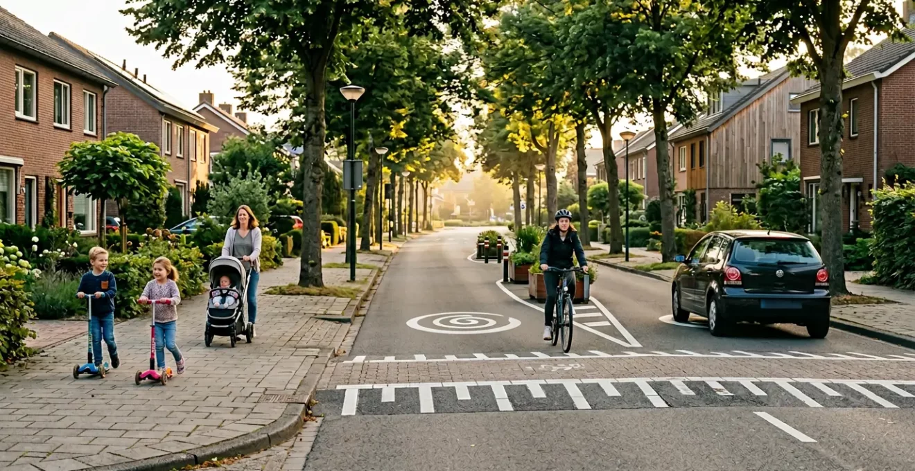Quartier résidentiel calme avec signalisation zone 30 et familles circulant en sécurité