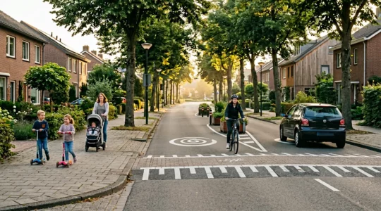 Quartier résidentiel calme avec signalisation zone 30 et familles circulant en sécurité