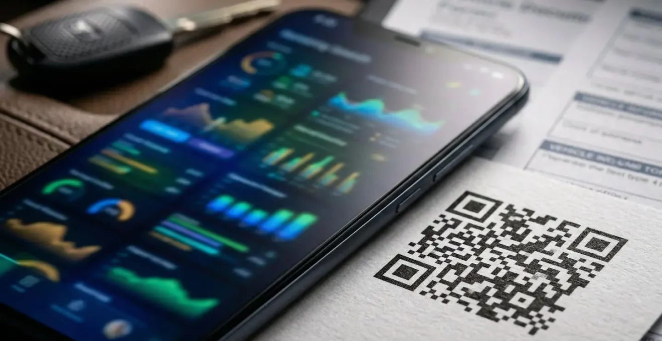 Un smartphone affichant un rapport Histovec avec un code QR visible sur une annonce automobile