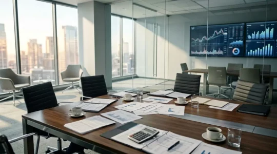 Bureau de direction financière avec graphiques de taux de change euro-dollar sur écrans flous