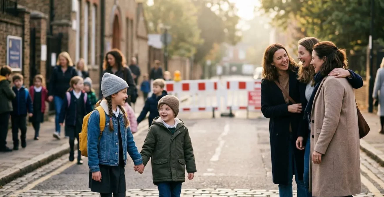 Rue scolaire apaisée avec enfants et parents circulant en sécurité le matin