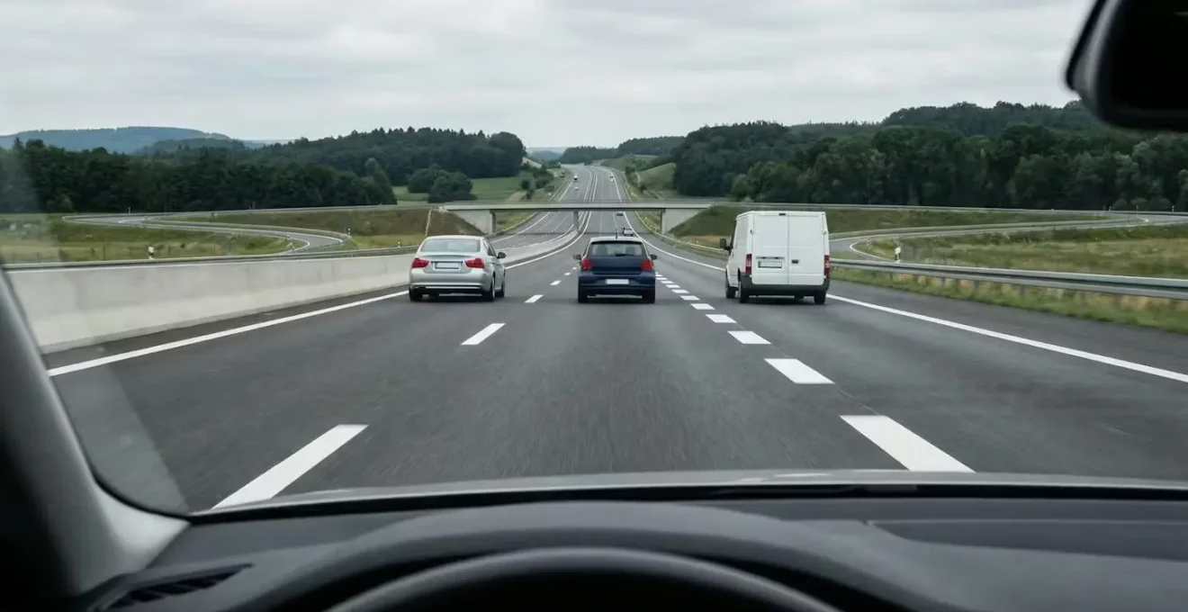 Vue depuis le pare-brise montrant les trois zones de scan visuel sur autoroute