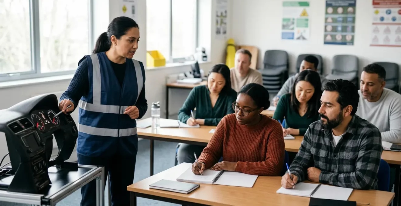 Groupe de conducteurs en formation de sécurité routière avec instructeur pointant un tableau de bord
