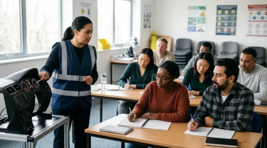 Groupe de conducteurs en formation de sécurité routière avec instructeur pointant un tableau de bord