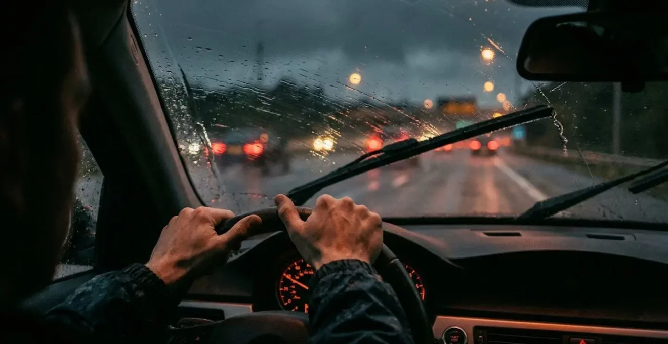Vue depuis l'habitacle d'une voiture sur autoroute sous forte pluie