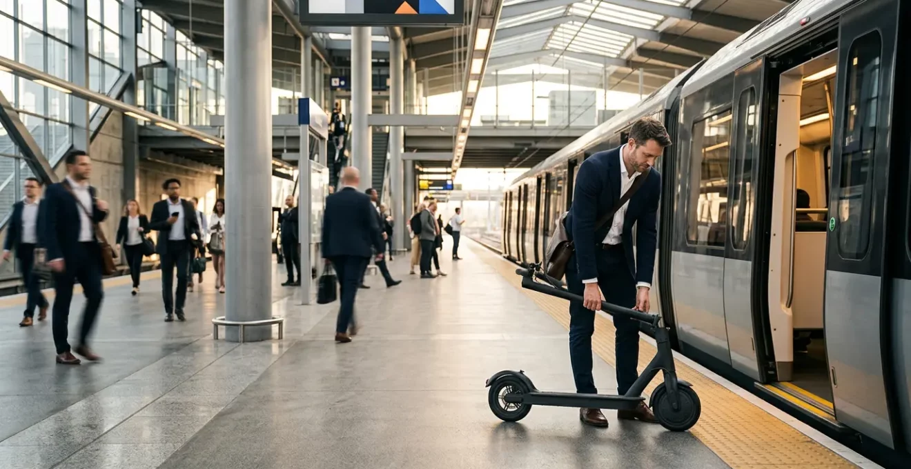 Voyageur pliant sa trottinette électrique sur un quai de gare avant de monter dans le train aux heures de pointe