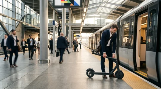 Voyageur pliant sa trottinette électrique sur un quai de gare avant de monter dans le train aux heures de pointe